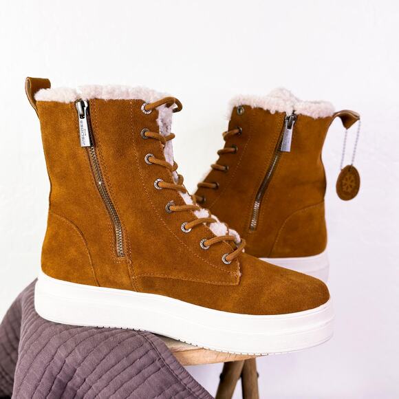 J/Slides Torrie Fleece Lined Water Resistant Platform Boots Cognac Size 10 NWT - Picture 4 of 11